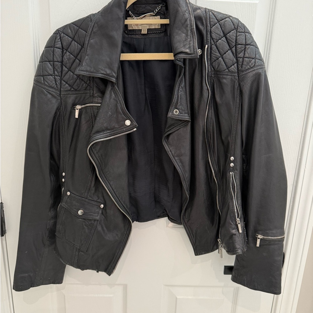 Karen Millen Black Leather Moto Jacket with Quilted Shoulders